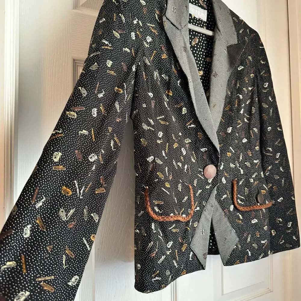 Vintage Dorothy Schoelen Womens Brass Instrument Print Blazer Music Teacher Sz S